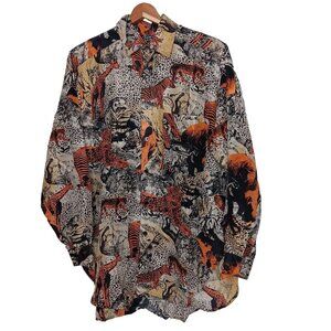 Vintage 80s Silk Club P Blouse Safari Animals Long Slv Tiger Zebra Cheetah READ